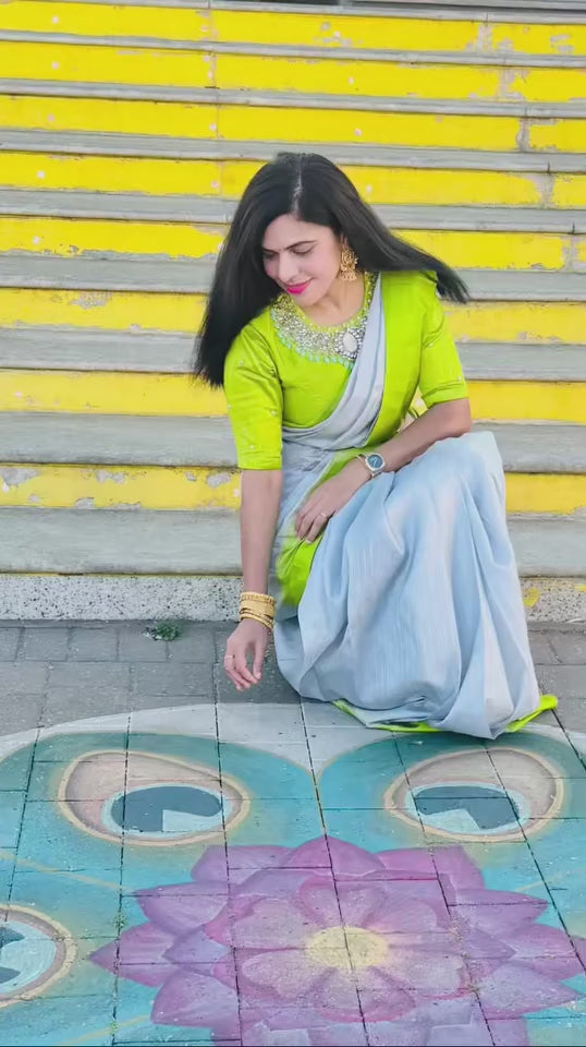 Parrot green silk blouse with Jewel Neck handworks