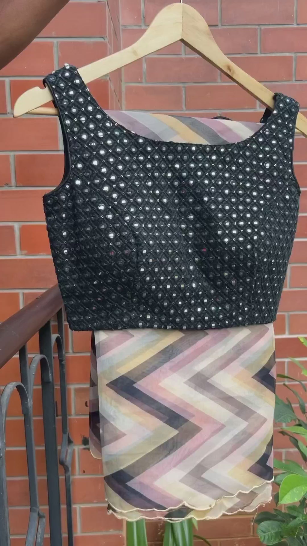 Multi organza saree with black mirror worked blouse