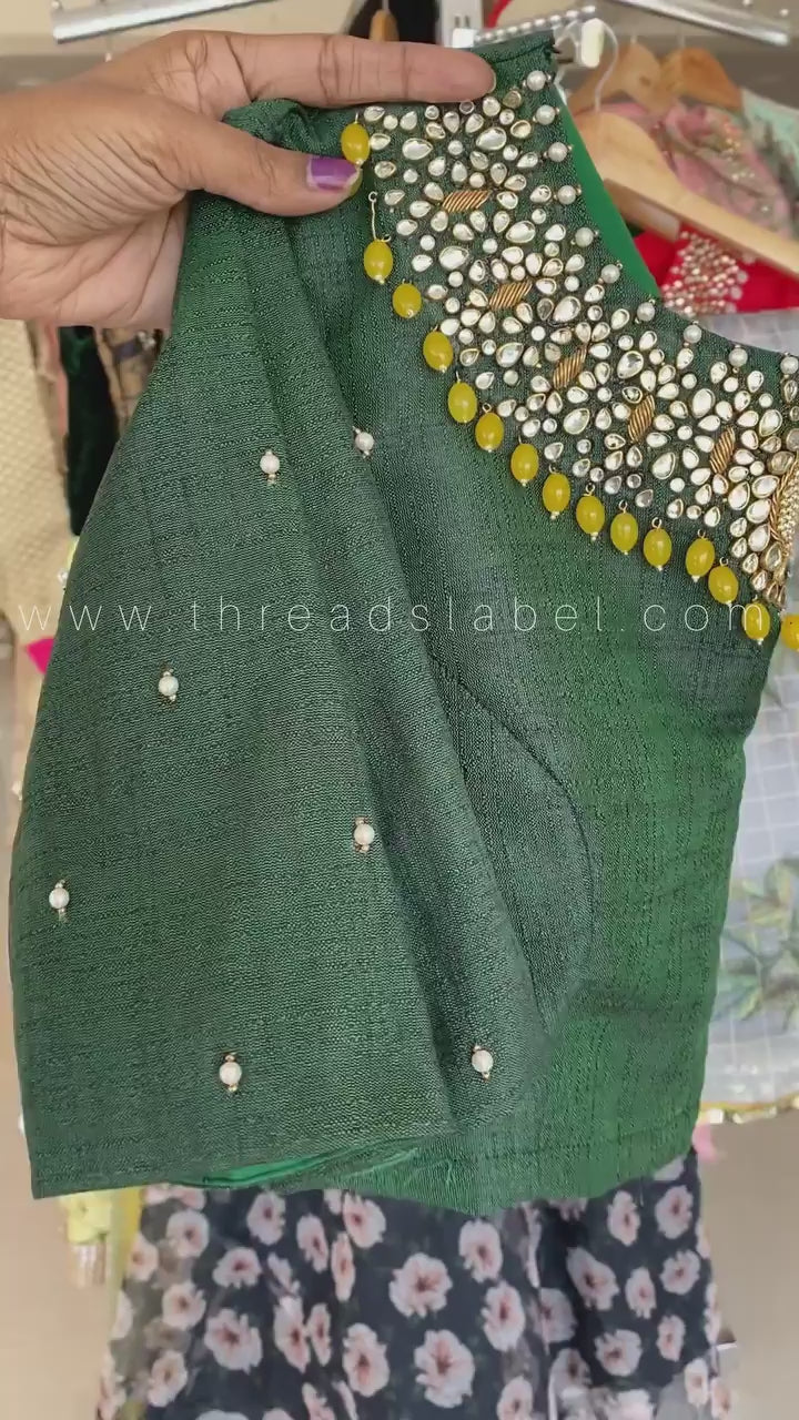 Parrot green silk blouse with Jewel Neck handworks