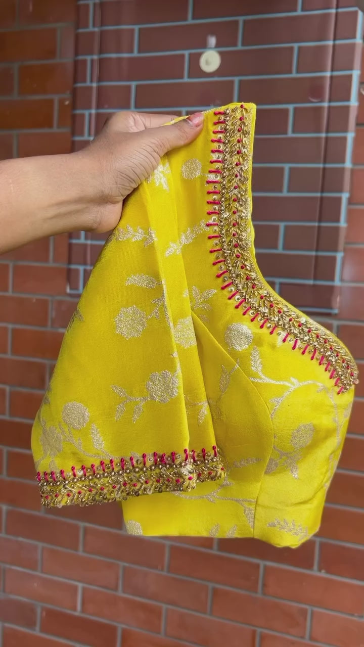Yellow floral banarasi hand work blouse (only blouse)
