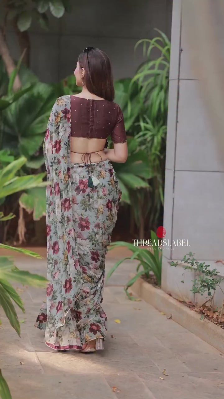 Light beige organza saree with hand work blouse