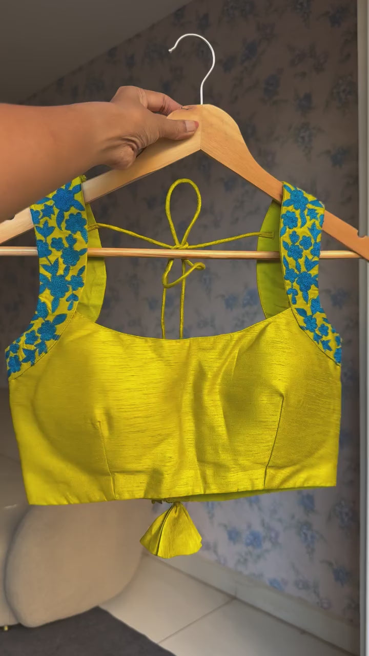 Multi georgette saree with yellow hand made blouse