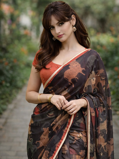 Black cow kota saree with paisley hand work blouse