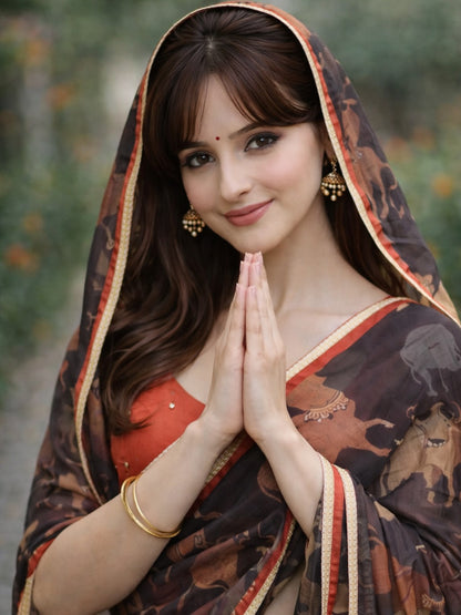 Black cow kota saree with paisley hand work blouse