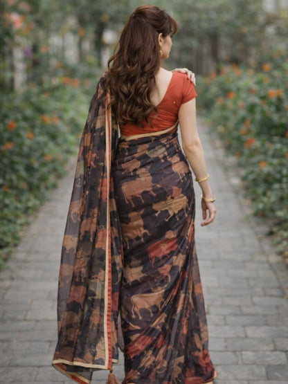 Black cow kota saree with paisley hand work blouse