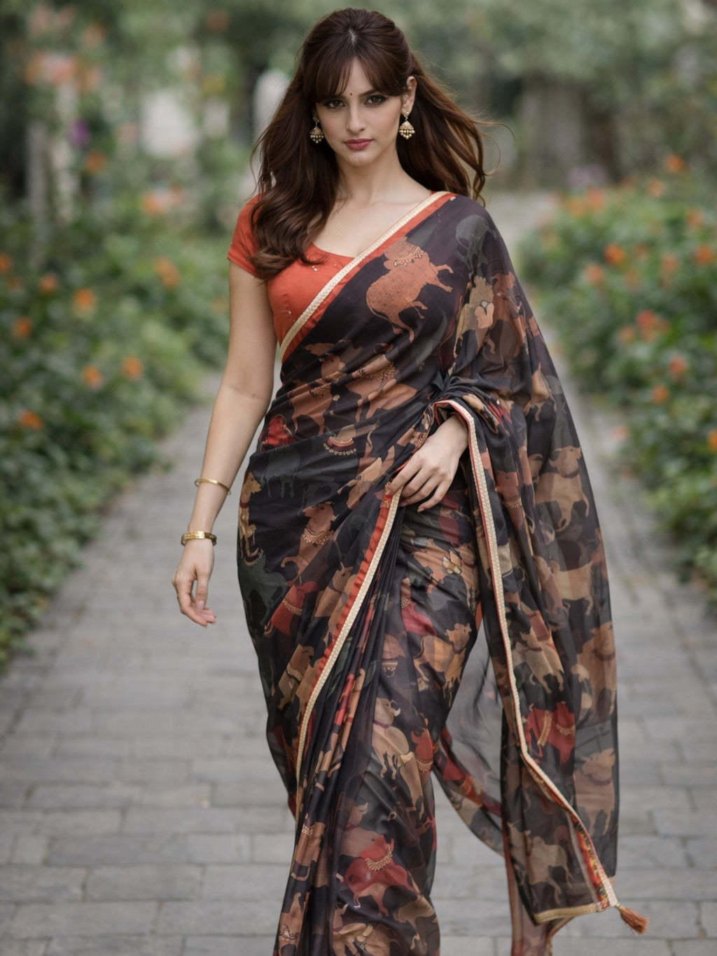 Black cow kota saree with paisley hand work blouse