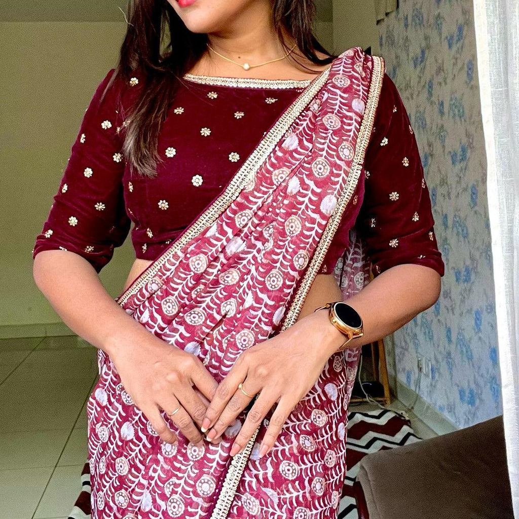 Maroon georgette saree with velvet hand work blouse