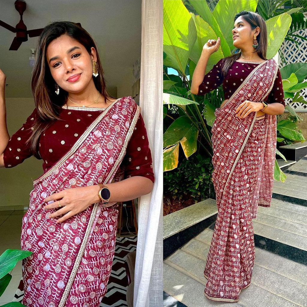 Maroon georgette saree with velvet hand work blouse