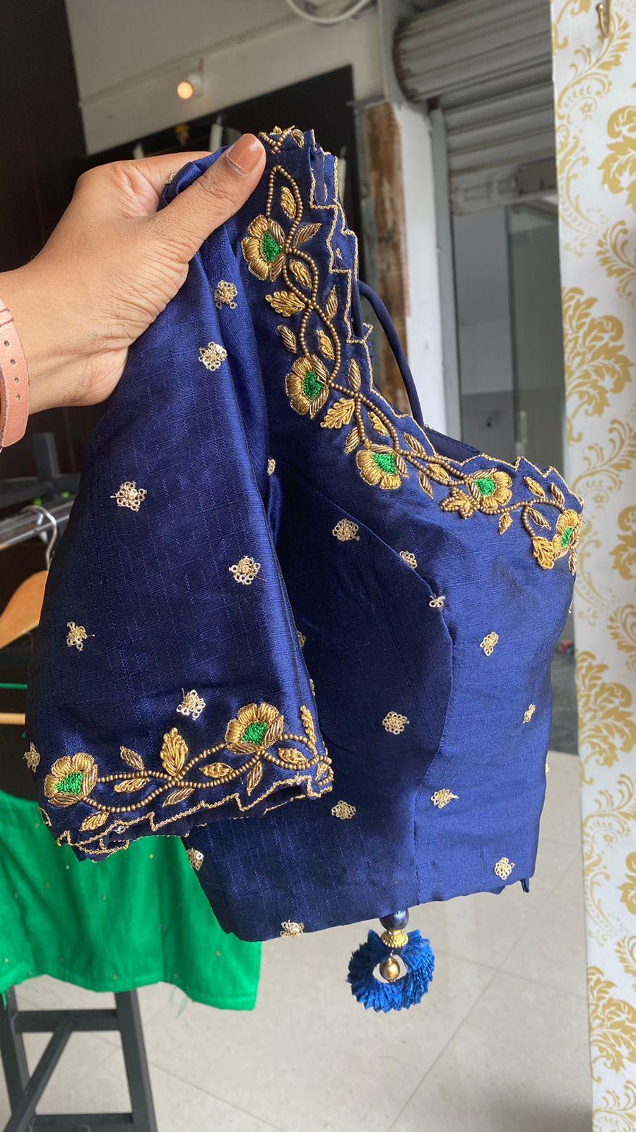 Midnight blue silk embroidery hand worked blouse - Threads