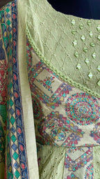 Light green cotton embroidery hand worked 3 piece kurti set - Threads