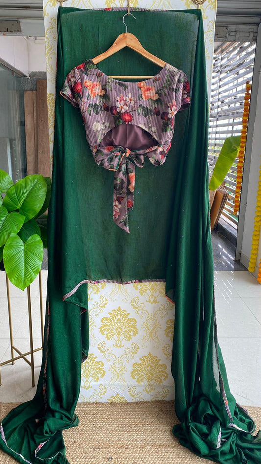 Deep green saree with floral hand worked Blouse - Threads