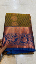 Mehandi green deep blue semi silk saree with blouse - Threads