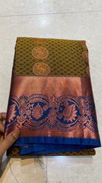 Mehandi green deep blue semi silk saree with blouse - Threads