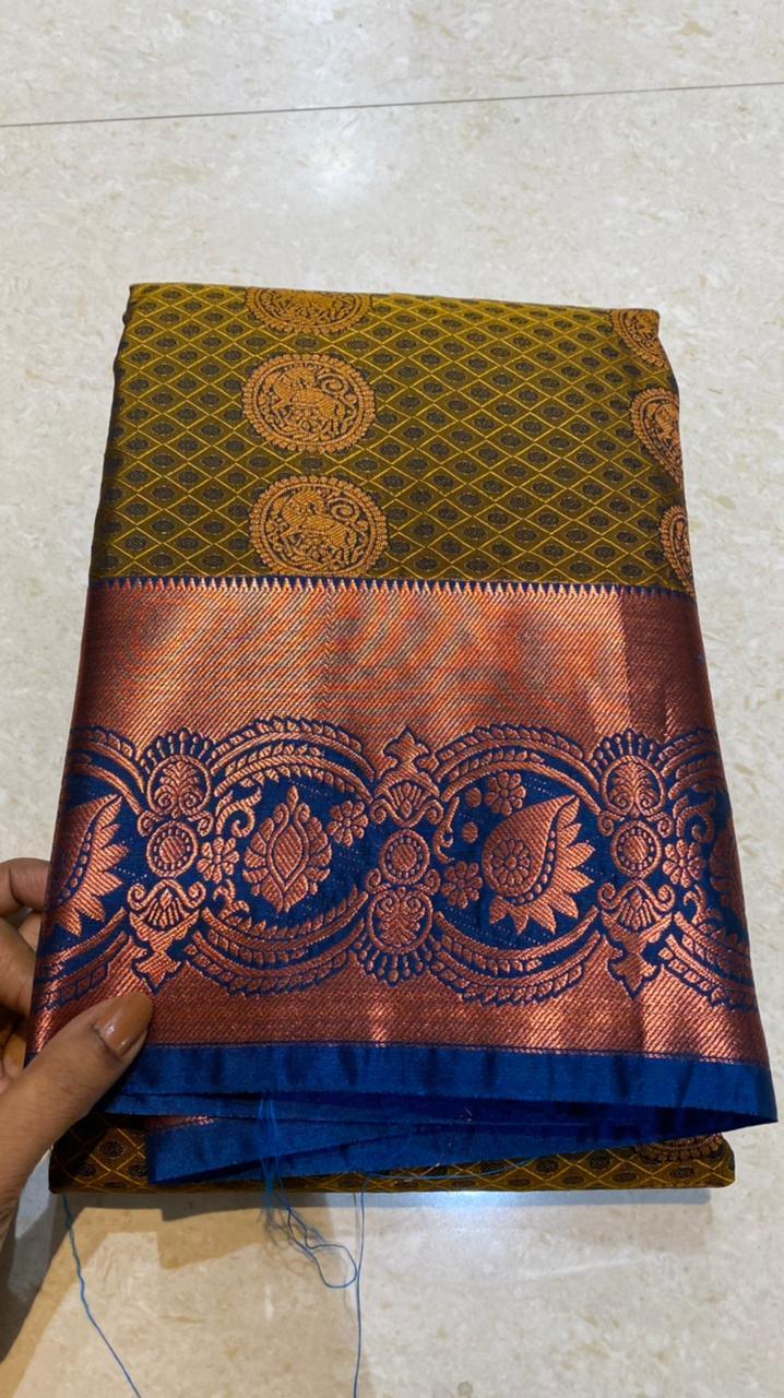 Mehandi green deep blue semi silk saree with blouse - Threads