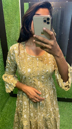 Light mehandi Cotton printed embroidery short kurti top - Threads