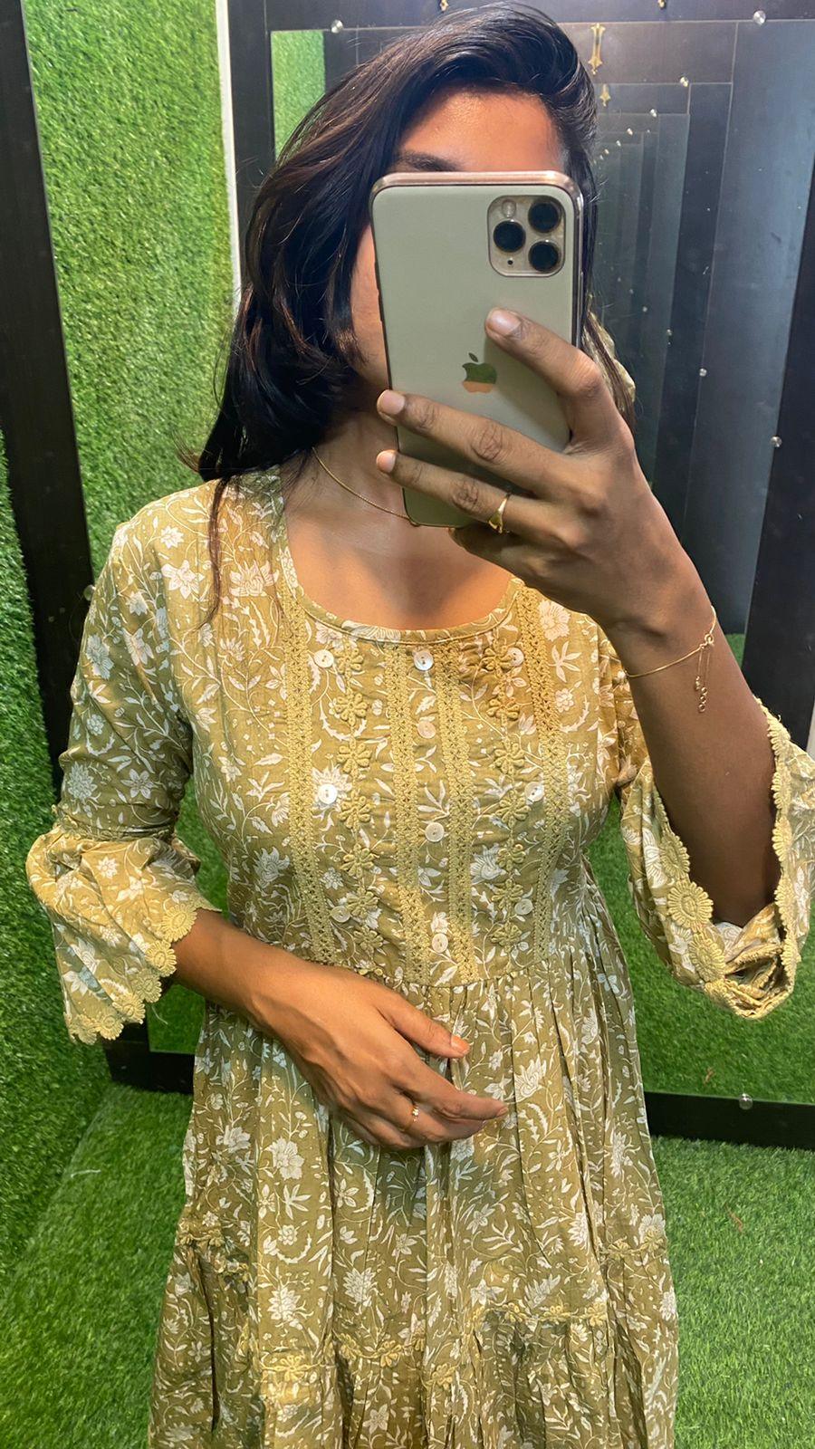 Light mehandi Cotton printed embroidery short kurti top - Threads