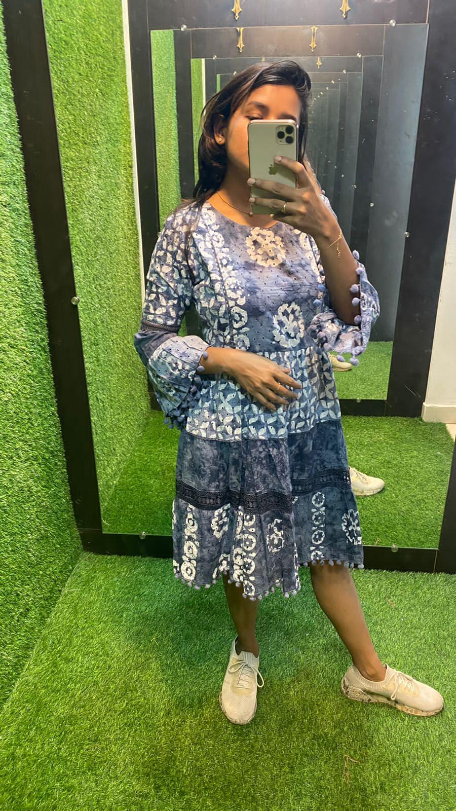 White and grey Cotton printed embroidery short kurti top - Threads