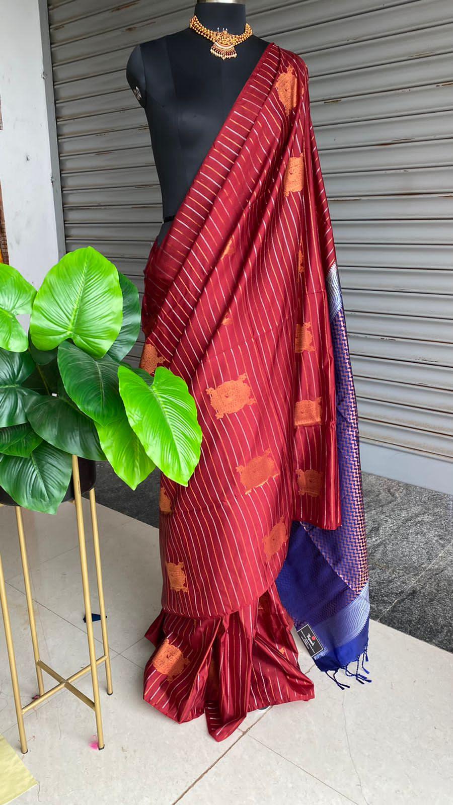 Maroon and Blue Silk saree with blouse - Threads