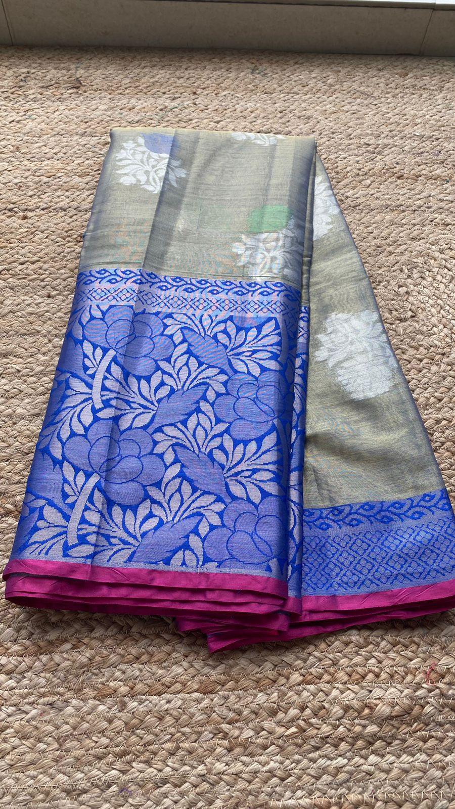 silver grey and blue silk saree with blouse - Threads
