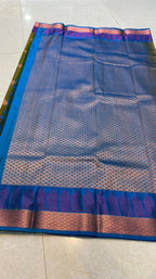 Mehandi green blue semi silk saree with blouse - Threads