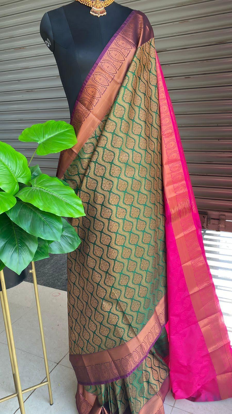 Banarasi  green and pink silk saree with blouse