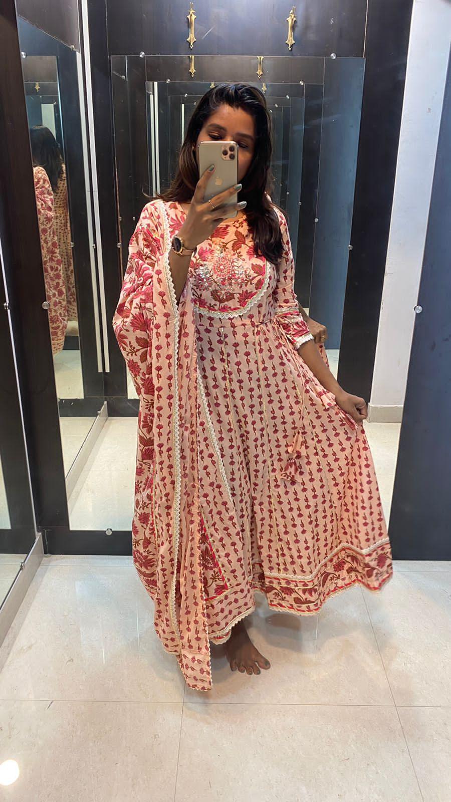 Pure cotton floral embroidery 3 piece Kurti set - Threads