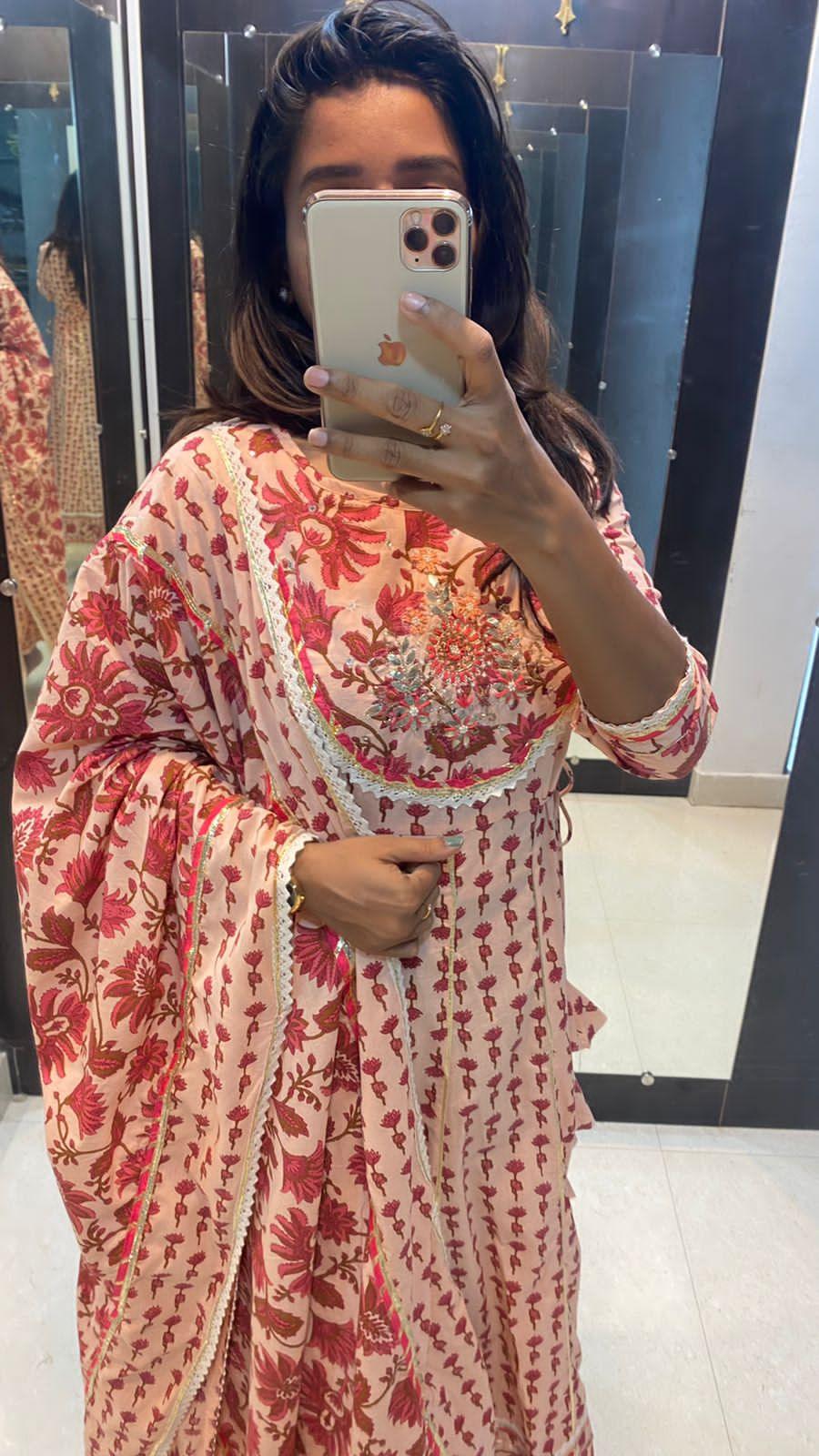 Pure cotton floral embroidery 3 piece Kurti set - Threads
