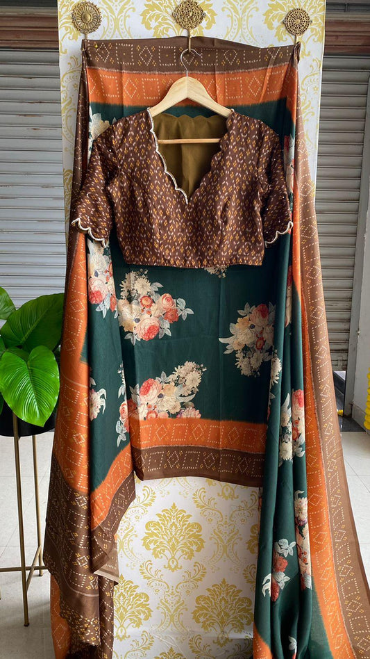 Soft tusser silk saree with hand worked blouse - Threads