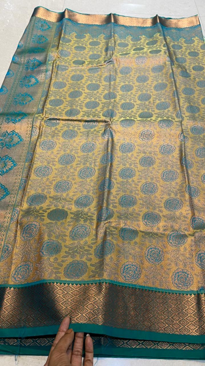Yellow and peacock silk saree with blouse - Threads