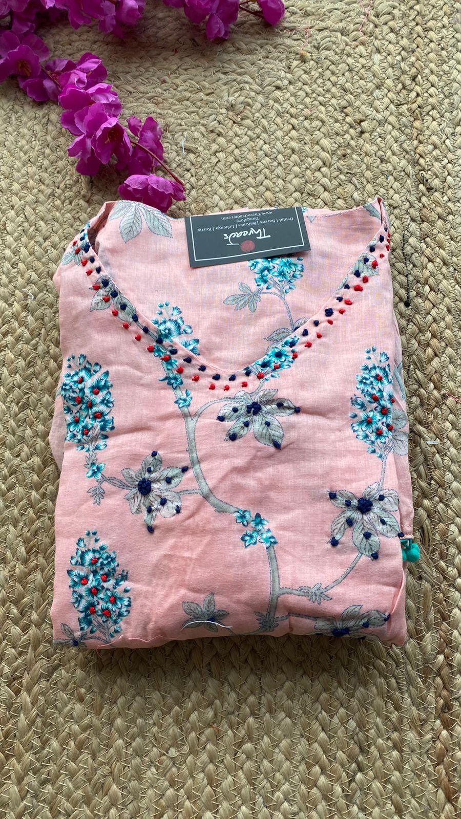 Peach floral Cotton printed short kurti top - Threads