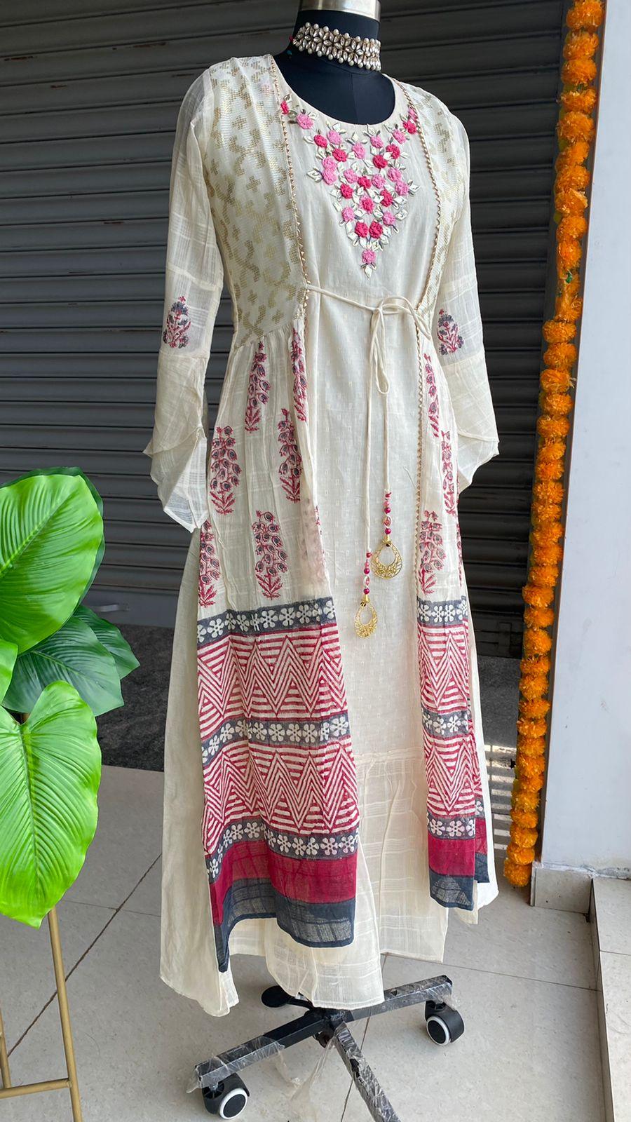 White cotton kurti, pant and dupatta with kalamkari work [AM-1310] - Kurti  Fashion