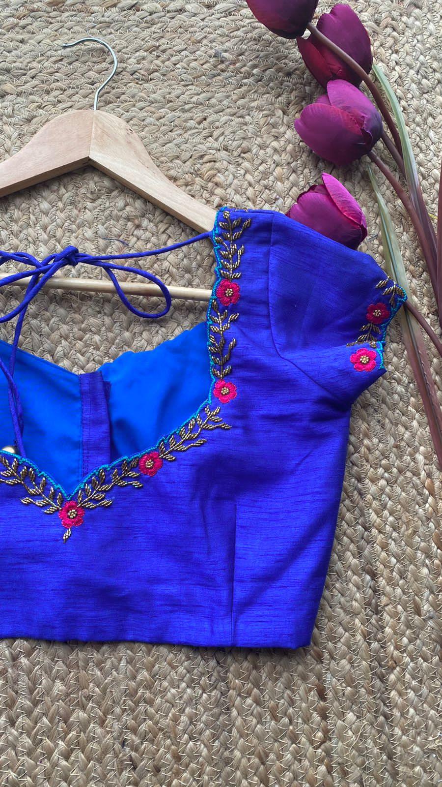 Royal Blue neck hand embroidery worked blouse - Threads