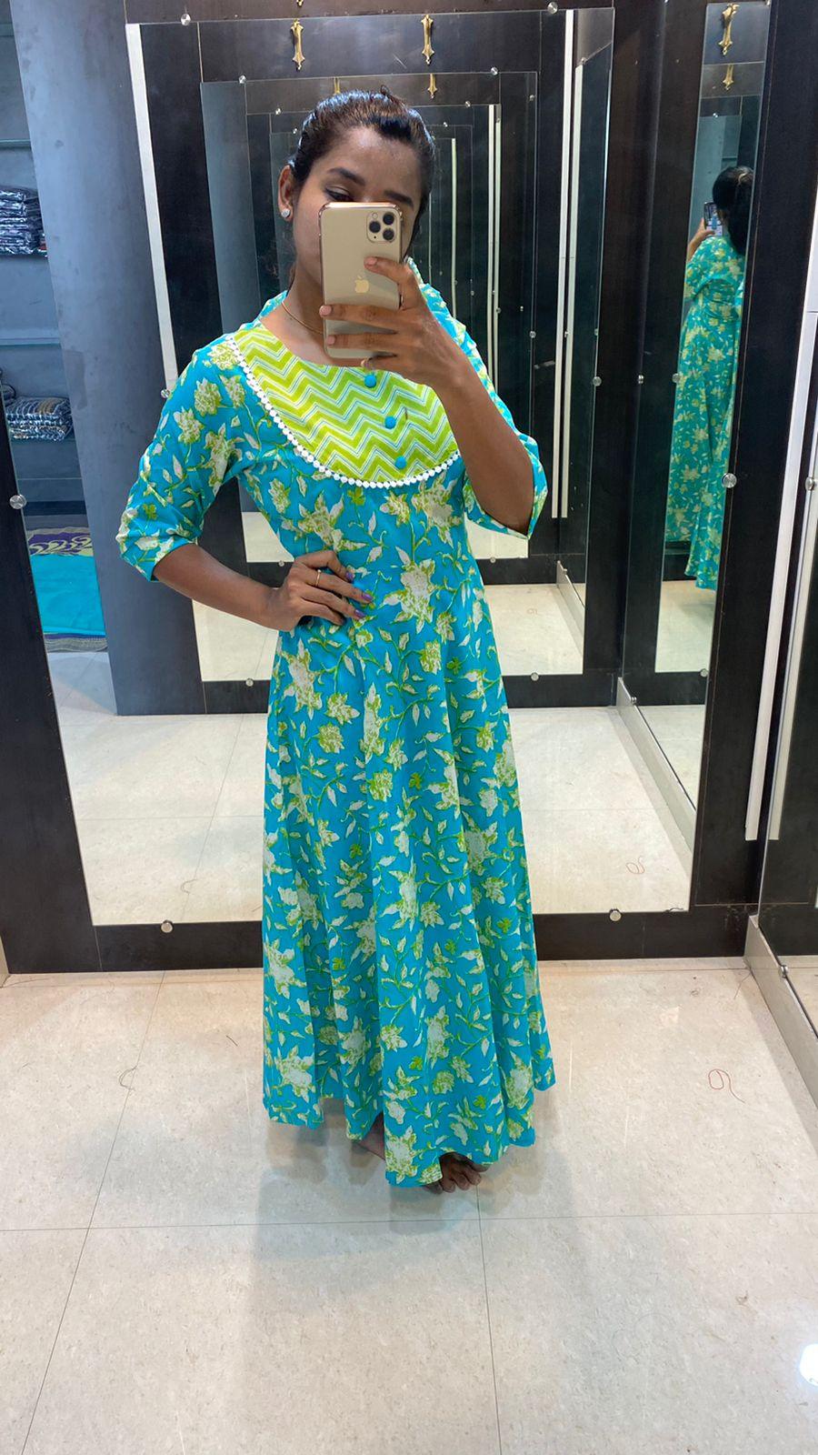 Green yellow floral printed cotton kurti top - Threads