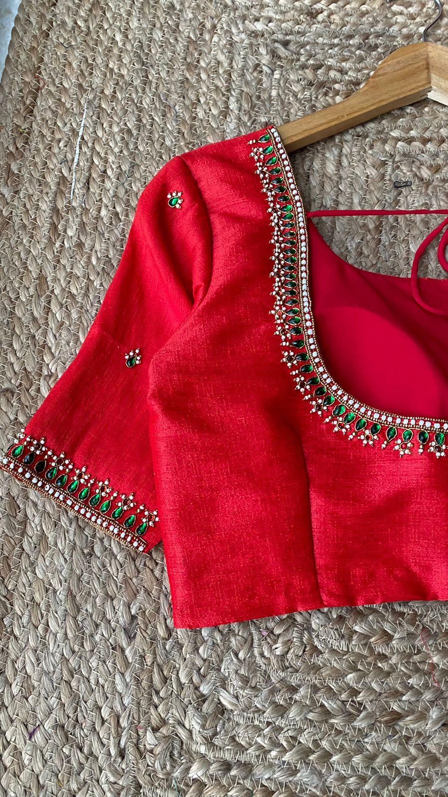 Red silk heavy hand worked blouse - Threads