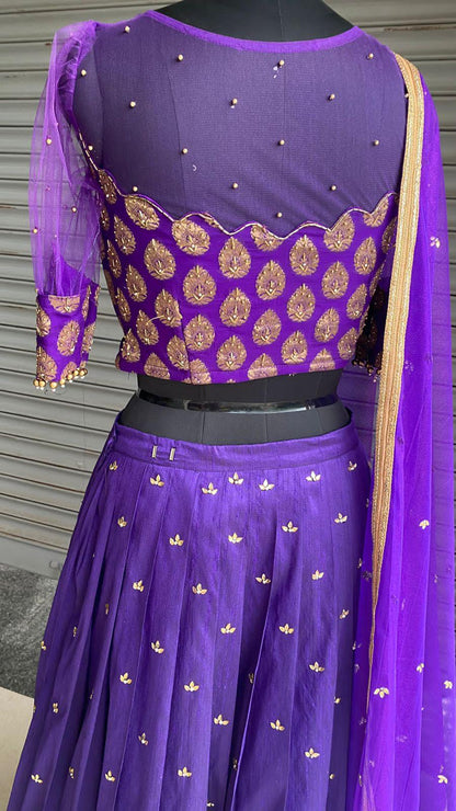 Purple silk embroidery hand worked lehenga - Threads