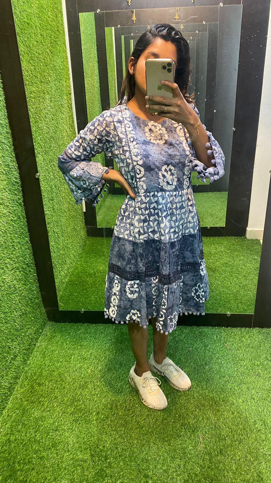 White and grey Cotton printed embroidery short kurti top - Threads