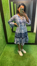 White and grey Cotton printed embroidery short kurti top - Threads