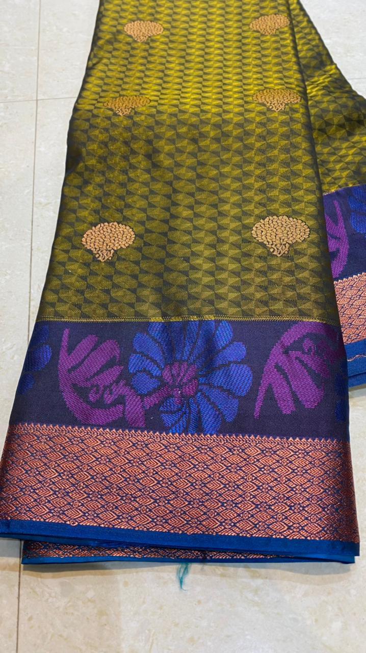 Mehandi green blue semi silk saree with blouse - Threads