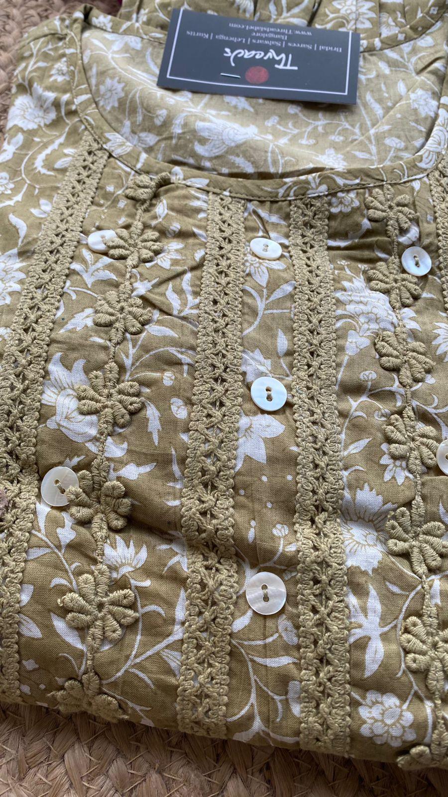 Light mehandi Cotton printed embroidery short kurti top - Threads