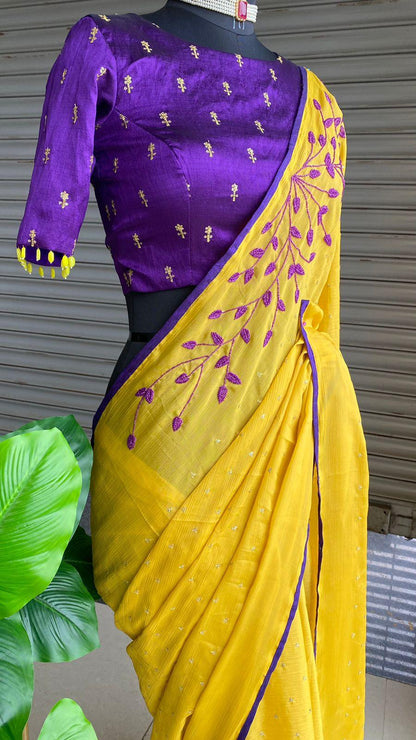 Mustard yellow chiffon saree with hand worked purple Blouse - Threads