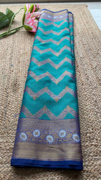 Sea blue silk chanderi saree with blouse - Threads