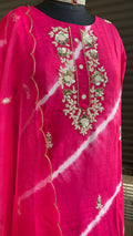 Pink tie and die muslin embroidery hand worked 3 piece kurti set - Threads