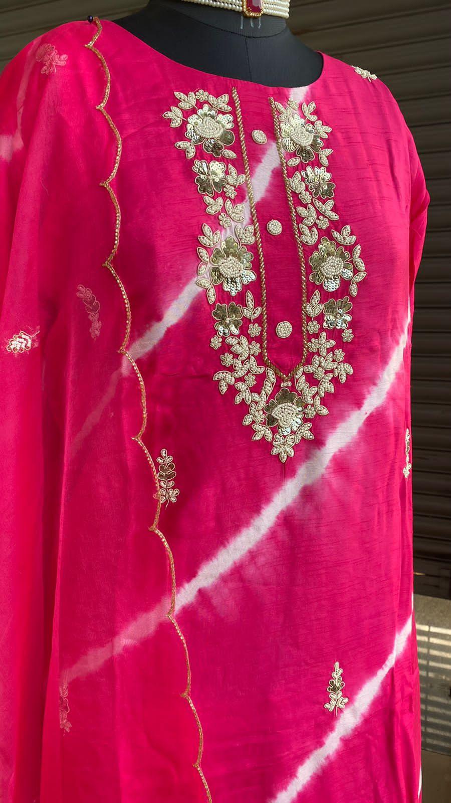Pink tie and die muslin embroidery hand worked 3 piece kurti set - Threads