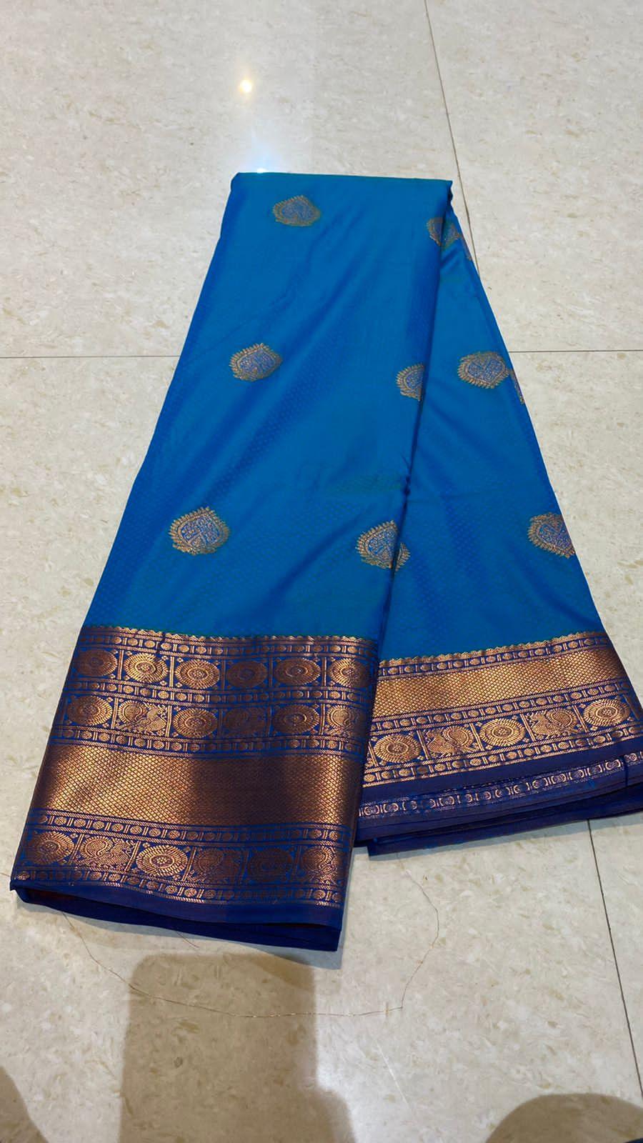 Sea blue silk saree with blouse - Threads