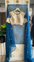Deep blue organza saree with thread worked blouse - Threads
