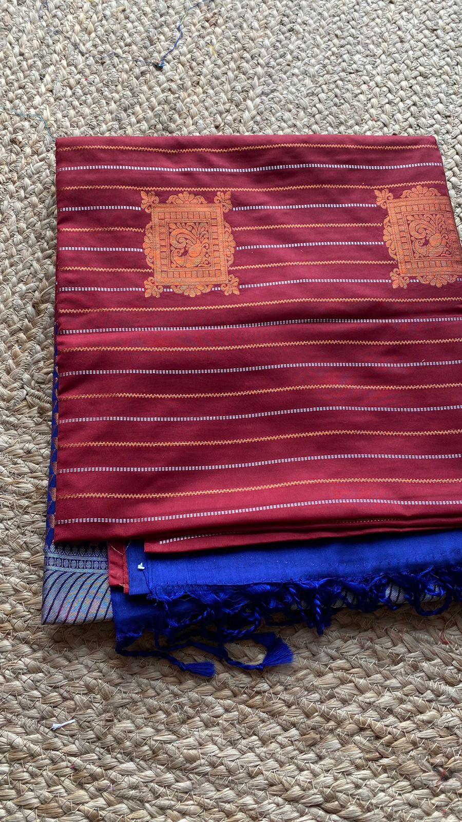 Maroon and Blue Silk saree with blouse - Threads