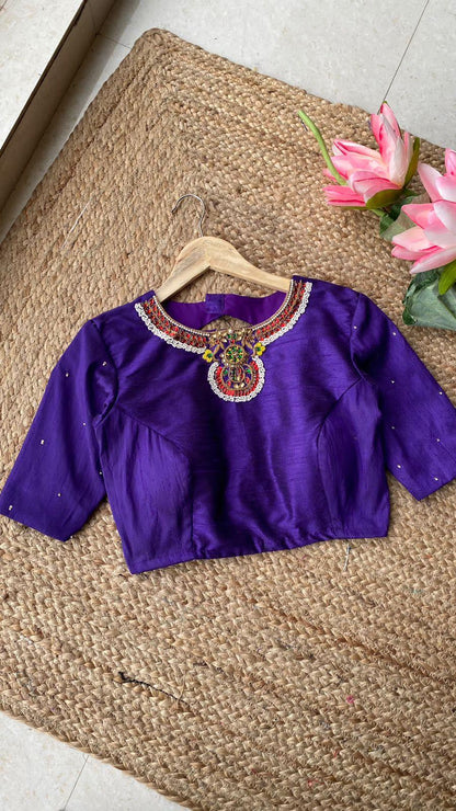 Purple Silk Jewel Neck hand worked blouse - Threads