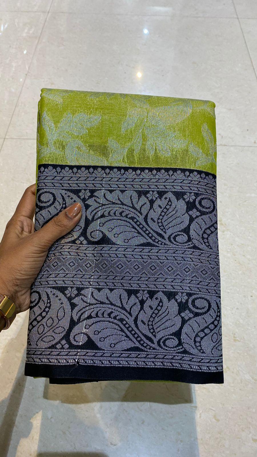 Tissue organza parrot green floral silk saree with blouse - Threads