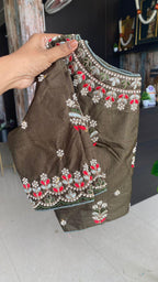 Mehandi green organza saree with silk embroidery blouse - Threads