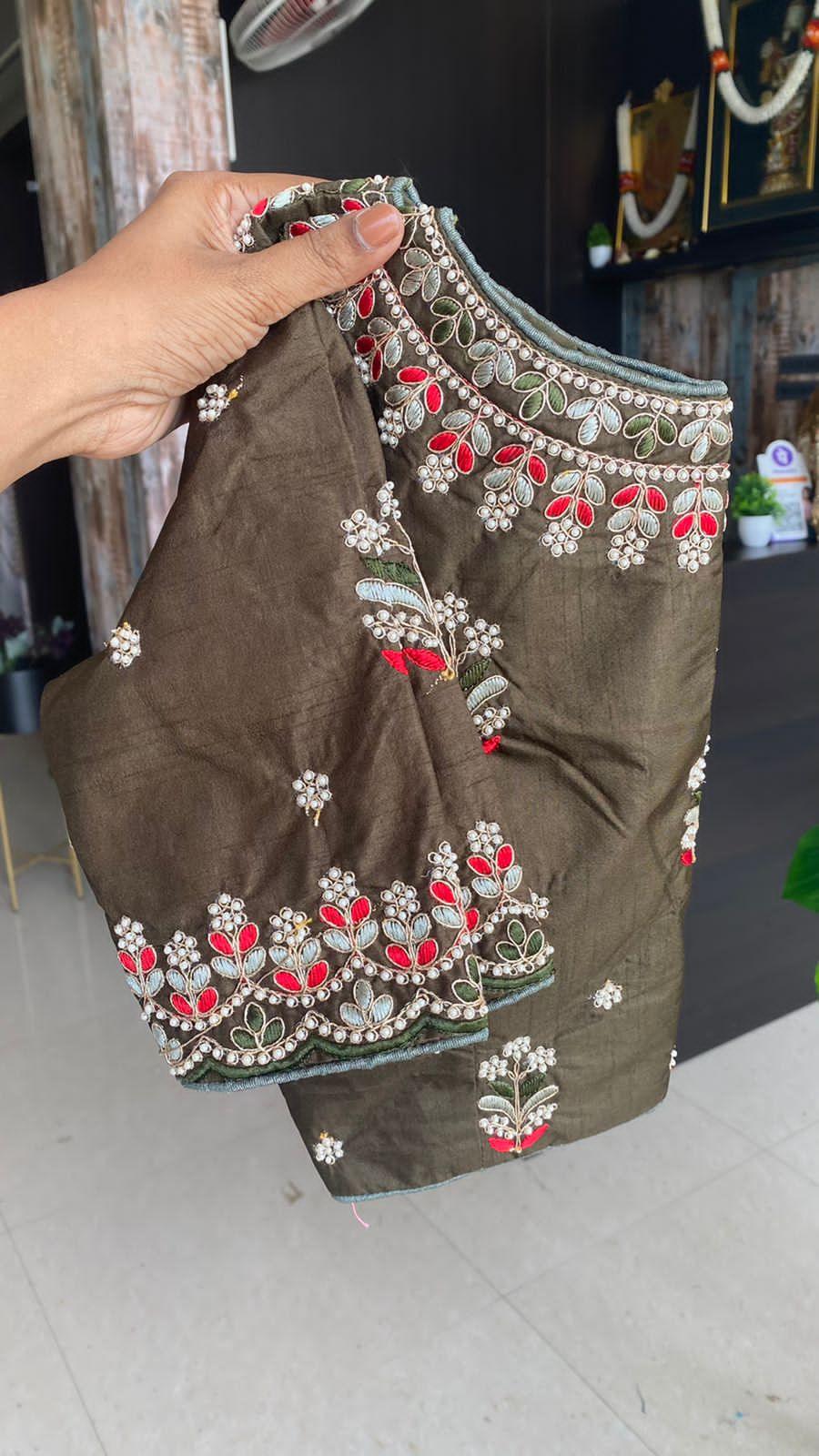 Mehandi green organza saree with silk embroidery blouse - Threads